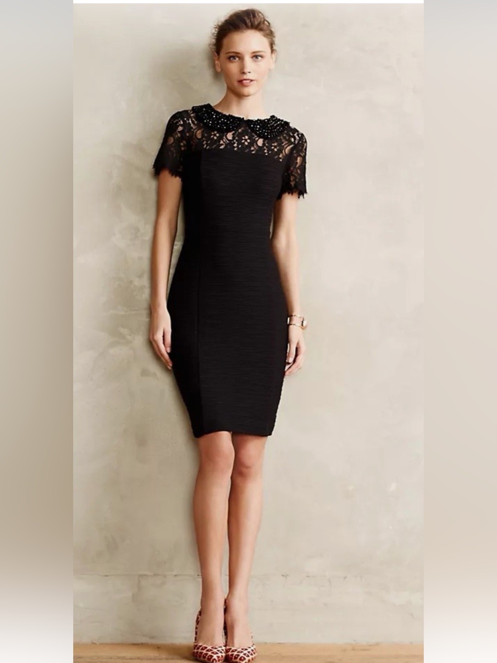 Maeve Black Lace-Paneled Midi Dress with Beaded Collar 6